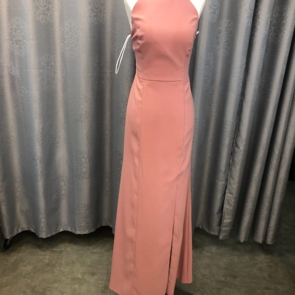 New Dessert Rose Crepe Dress, Halter Keyhole Back Bridesmaid Formal Leg Slit - Picture 5 of 14